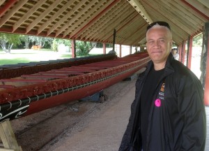 Apanui with the long War Canoe at the Waitangi Treaty grounds. Darren King, 2014