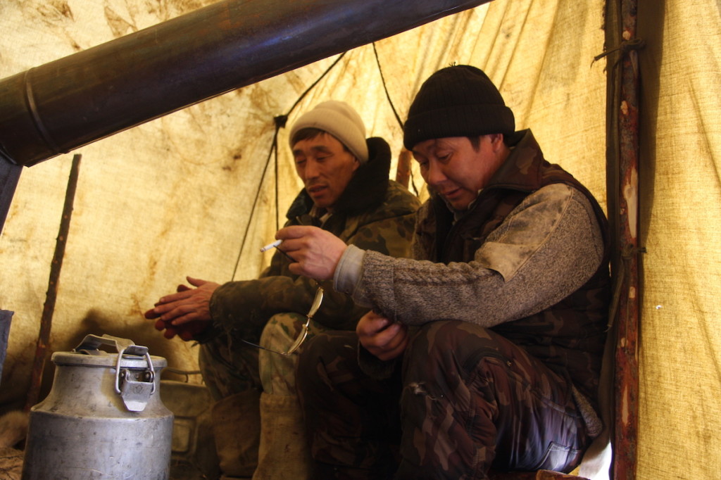 Vladimir and Viktor, reindeer herders and hunters, rest within an Evenki tent. The metal tin holds milk from their reindeer, who the Evenki do not kill, but will hunt for wild reindeer to eat. 